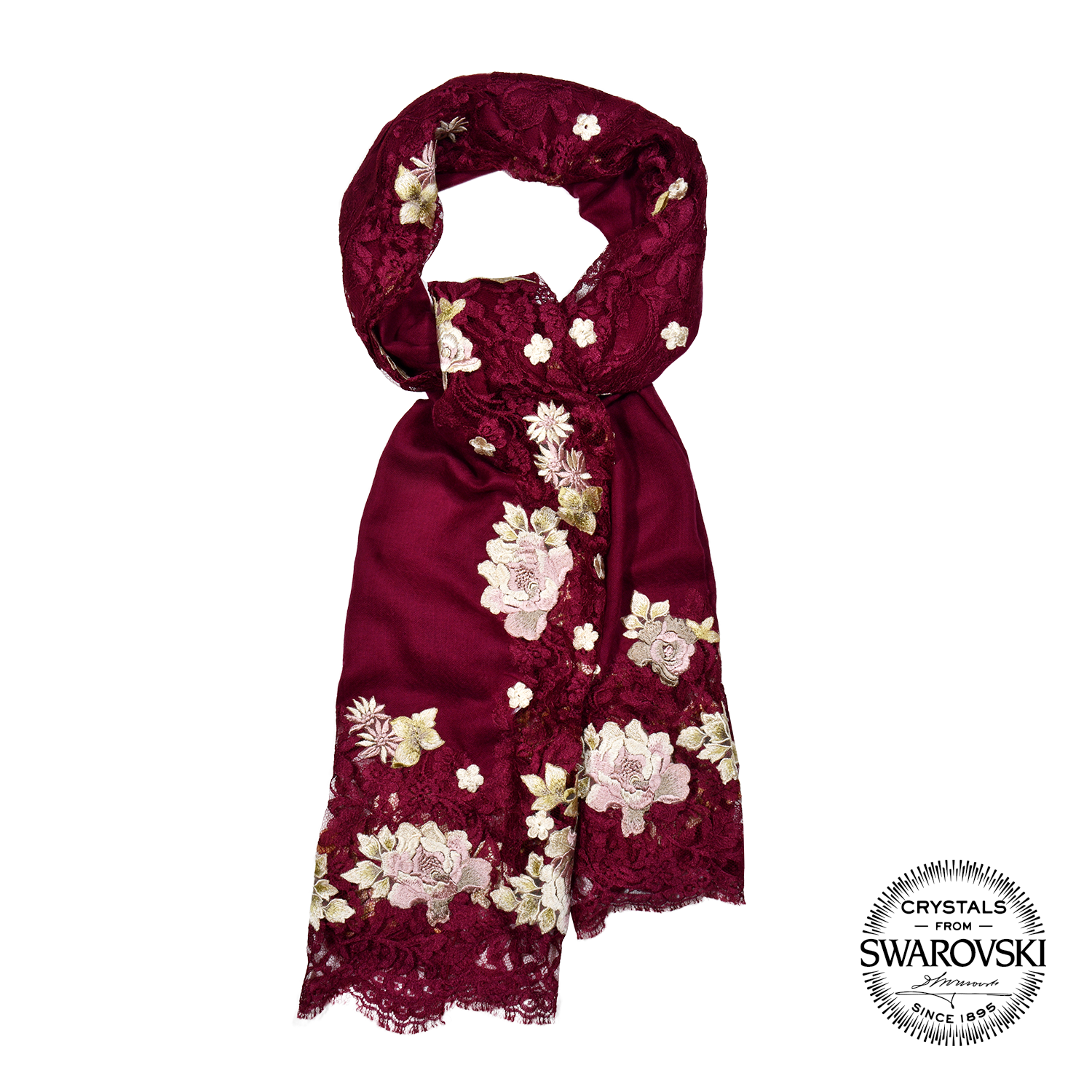 【SPRING BLOSSOM】100% Pashmina Indian Shawl with French Lace and Crystals