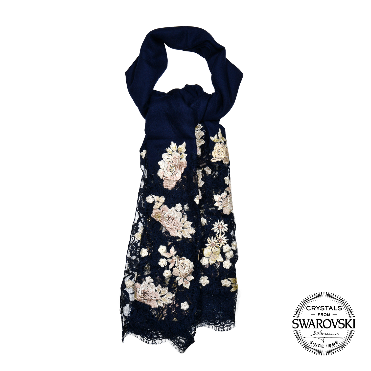 【SPRING BLOSSOM】100% Pashmina Indian Shawl with French Lace and Crystals