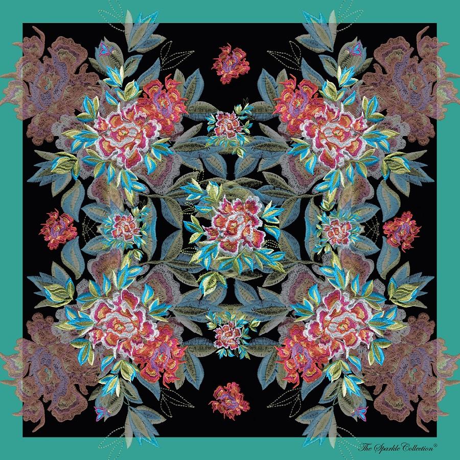 【PEONY】 100% Silk Scarf with Crystals