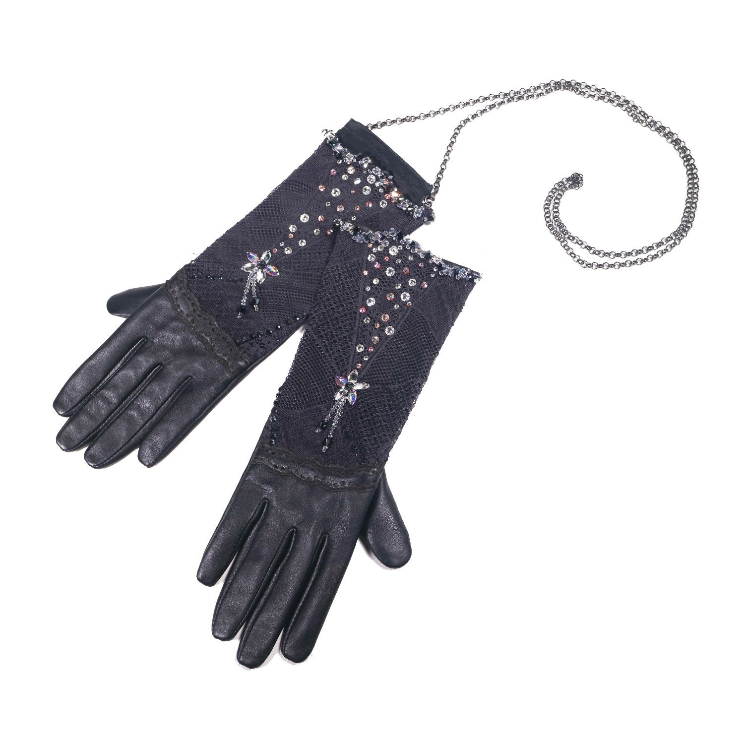 【COUTURE】 Lace Leather 2-way Glove-clutch with Strap and Swarovski® Crystals (1 pair)