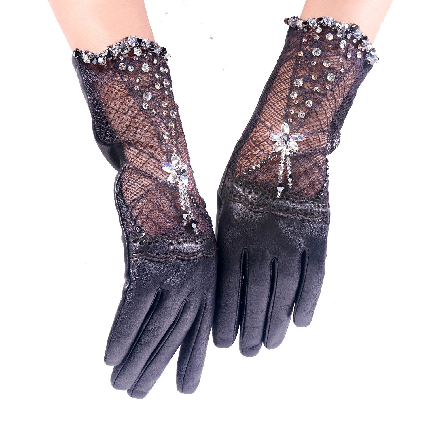 【COUTURE】 Lace Leather 2-way Glove-clutch with Strap and Swarovski® Crystals (1 pair)