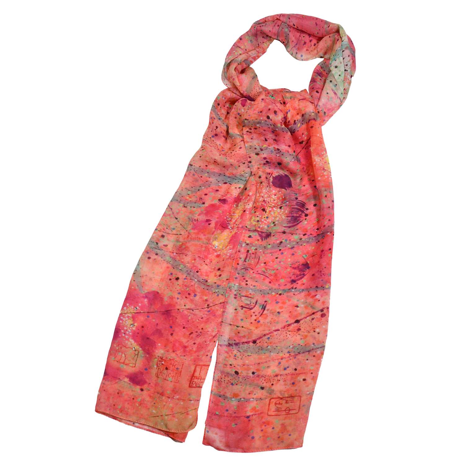 【LOTUS】100% Silk Lotus Painting Scarf with Crystals