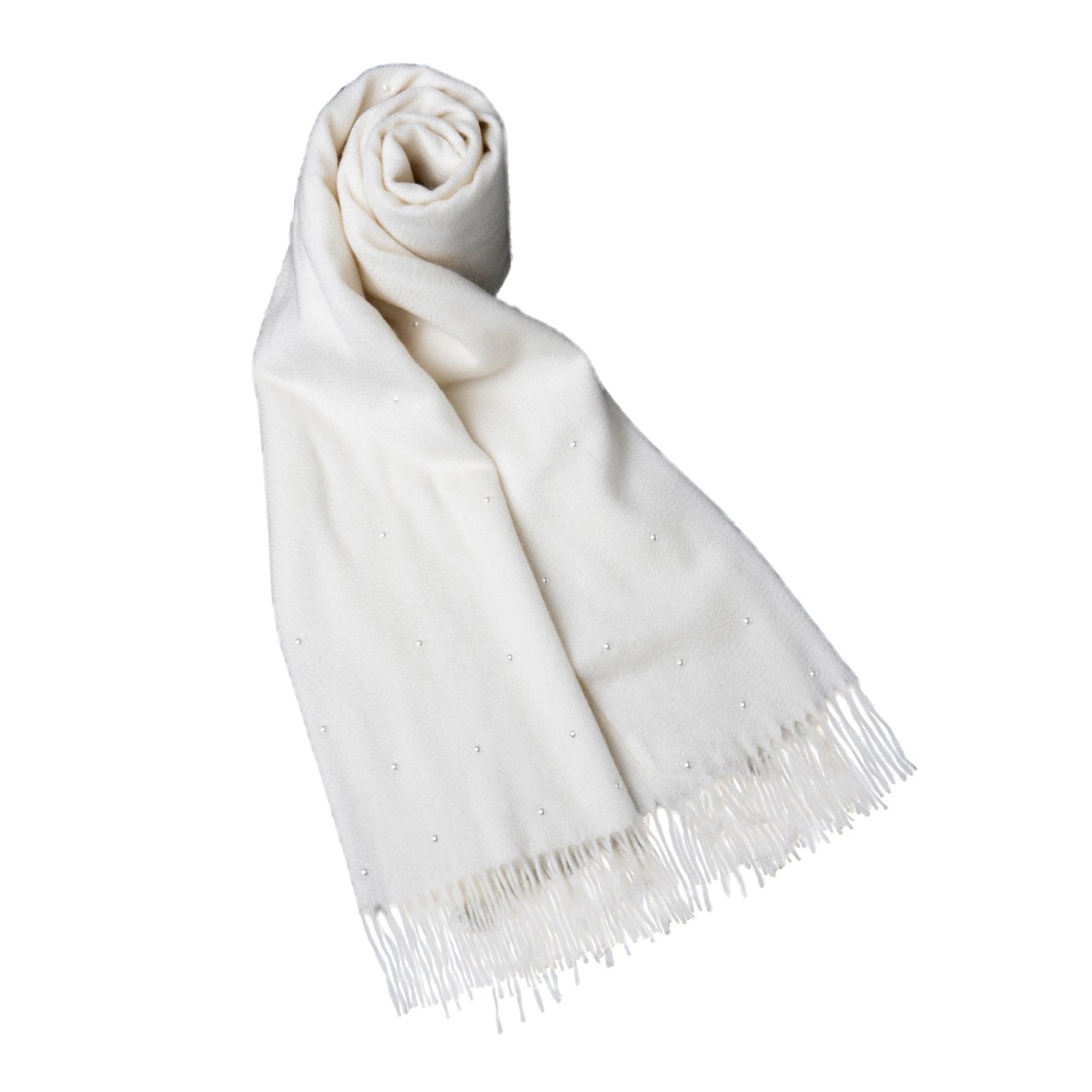 【SNOW WHITE】 100% Cashmere Scarf with Crystal Pearls